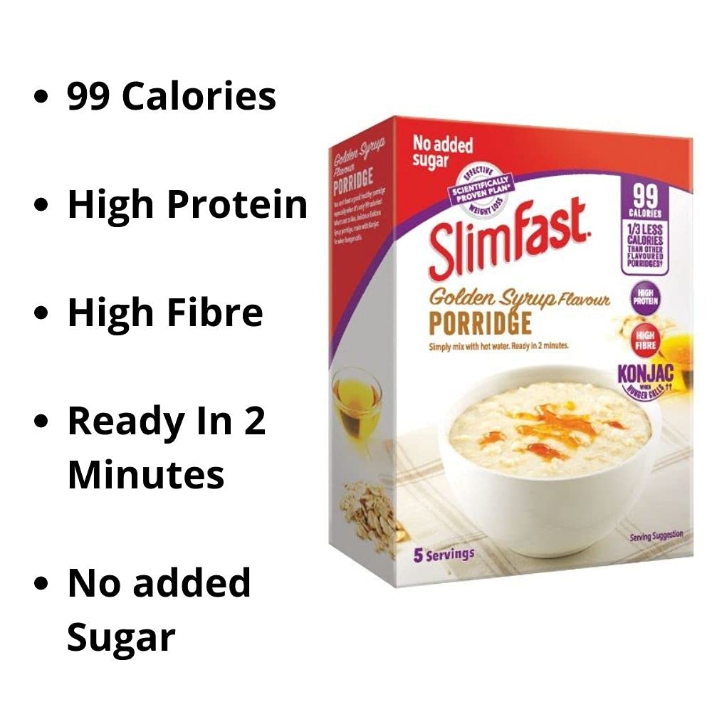 Porridge Slim Fast - Golden Syrup Flavour 4 Boxes With 5 Servings Each, 99 Calories Per Portion, Balanced Breakfast Meal Or Snacks With High Protein And High Fibre