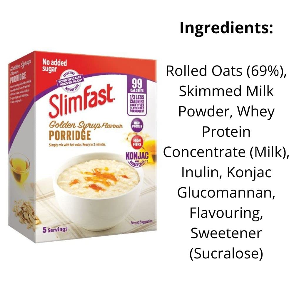 Porridge Slim Fast - Golden Syrup Flavour 4 Boxes With 5 Servings Each, 99 Calories Per Portion, Balanced Breakfast Meal Or Snacks With High Protein And High Fibre