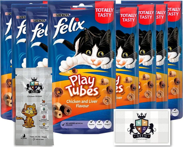 AETN Creations Felix Play Tubes Cat Treat Bundle Pack 8x50g Pouches Chicken And Liver Flavour Plus Stripes Tasty Delicious Snack