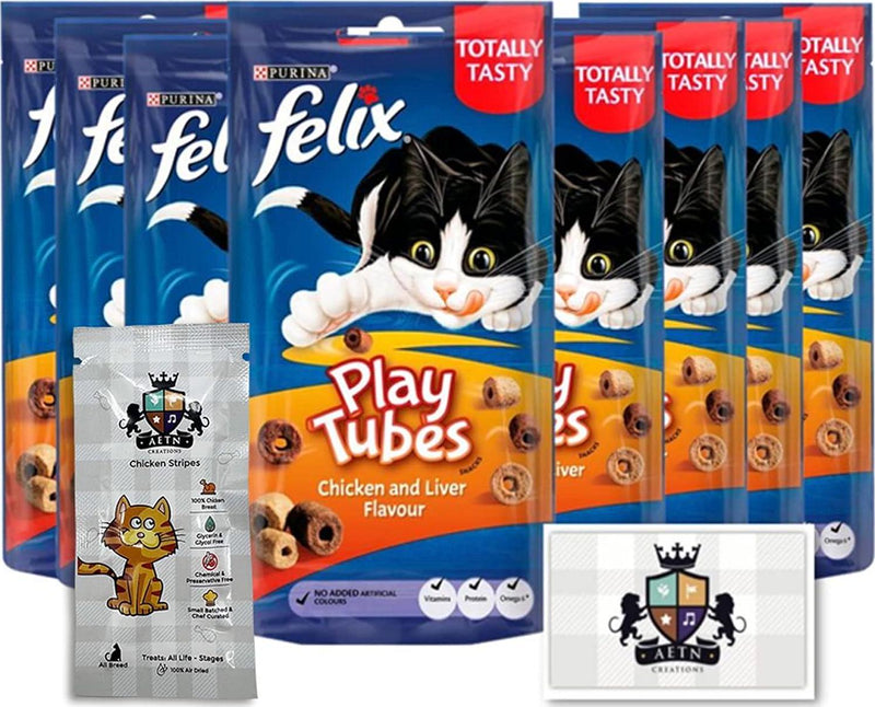 AETN Creations Felix Play Tubes Cat Treat Bundle Pack 8x50g Pouches Chicken And Liver Flavour Plus Stripes Tasty Delicious Snack