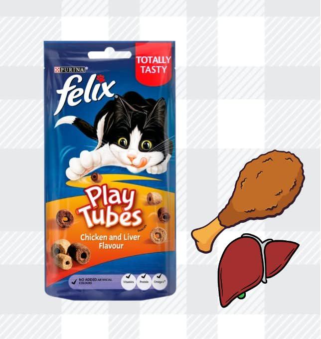 AETN Creations Felix Play Tubes Cat Treat Bundle Pack 8x50g Pouches Chicken And Liver Flavour Plus Stripes Tasty Delicious Snack