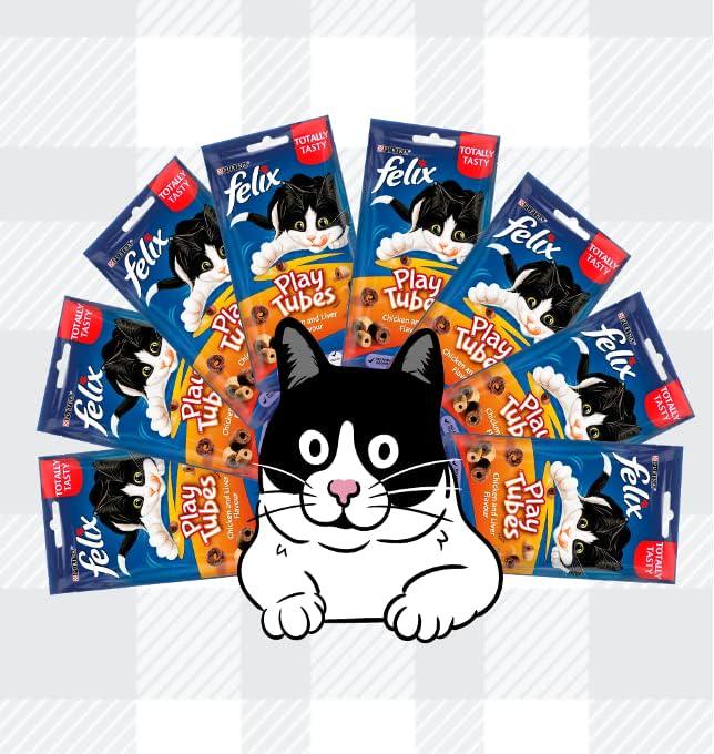 AETN Creations Felix Play Tubes Cat Treat Bundle Pack 8x50g Pouches Chicken And Liver Flavour Plus Stripes Tasty Delicious Snack