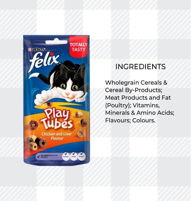 AETN Creations Felix Play Tubes Cat Treat Bundle Pack 8x50g Pouches Chicken And Liver Flavour Plus Stripes Tasty Delicious Snack