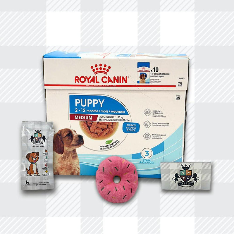 AETN Creations Medium Puppy Wet Dog Food 10x140g Pouches Plus Jerky Treat, And Push Doughnut Toy - Delicious, Fun Pack For Breed Puppies