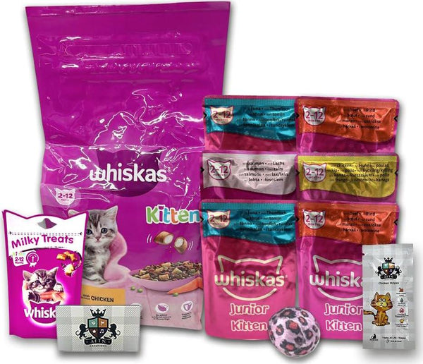 AETN Creations Whiskas Kitten Food Mixed Pack 1.9kg Dry, 6x85g Wet Pouches Plus Cat Treat And Toy Complete For Growing Kittens Up 12 Months Old