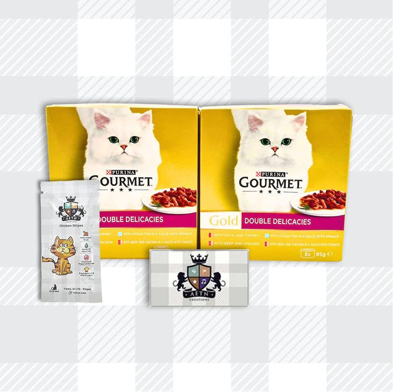 Gourmet Gold Double Delicacies 2 Packs Of 8x85g Delicious Recipe With Beef And Chicken,Beef Tomato,Ocean Fish Spinach,Duck Turkey Plus AETN Creations Cat Treat