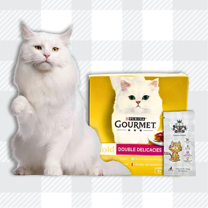 Gourmet Gold Double Delicacies 2 Packs Of 8x85g Delicious Recipe With Beef And Chicken,Beef Tomato,Ocean Fish Spinach,Duck Turkey Plus AETN Creations Cat Treat