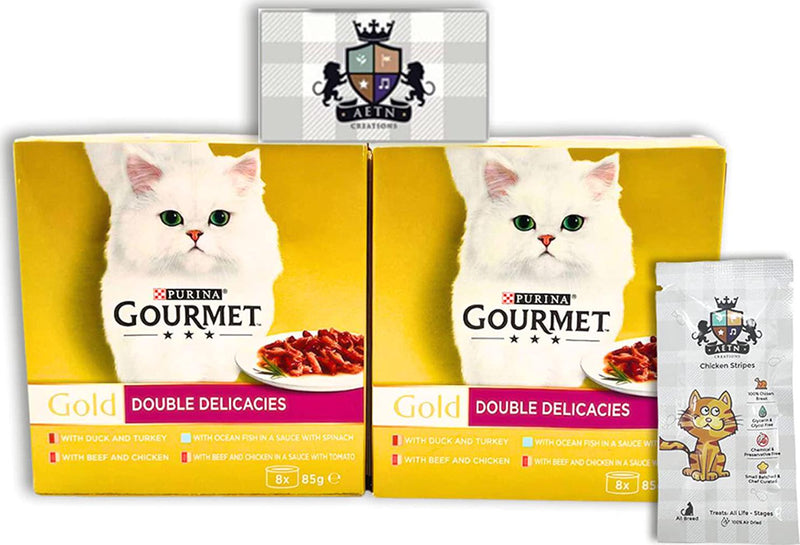 Gourmet Gold Double Delicacies 2 Packs Of 8x85g Delicious Recipe With Beef And Chicken,Beef Tomato,Ocean Fish Spinach,Duck Turkey Plus AETN Creations Cat Treat