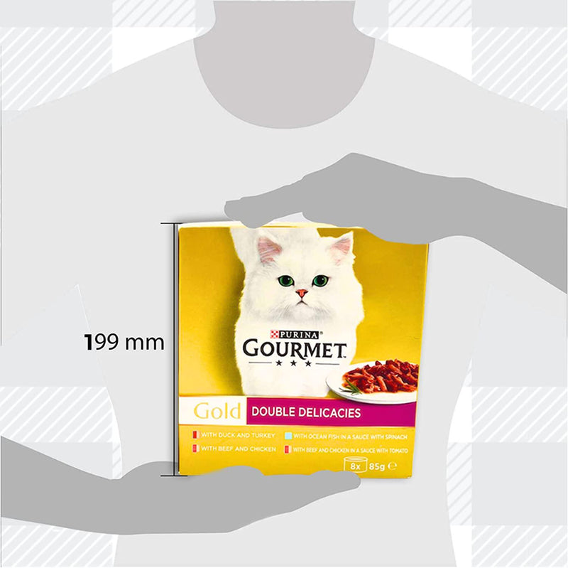 Gourmet Gold Double Delicacies 2 Packs Of 8x85g Delicious Recipe With Beef And Chicken,Beef Tomato,Ocean Fish Spinach,Duck Turkey Plus AETN Creations Cat Treat