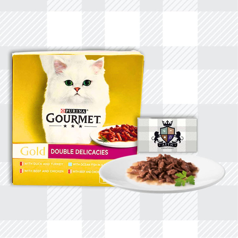 Gourmet Gold Double Delicacies 2 Packs Of 8x85g Delicious Recipe With Beef And Chicken,Beef Tomato,Ocean Fish Spinach,Duck Turkey Plus AETN Creations Cat Treat