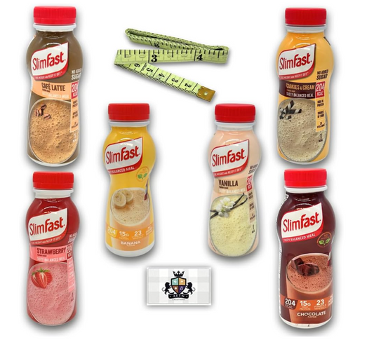 6 Ready-To-Drink Slim Fast Shakes Weightloss Bundle with Tape Measure - Chocolate, Strawberry, Vanilla, Banana, Cookies & Cream, Café Latte