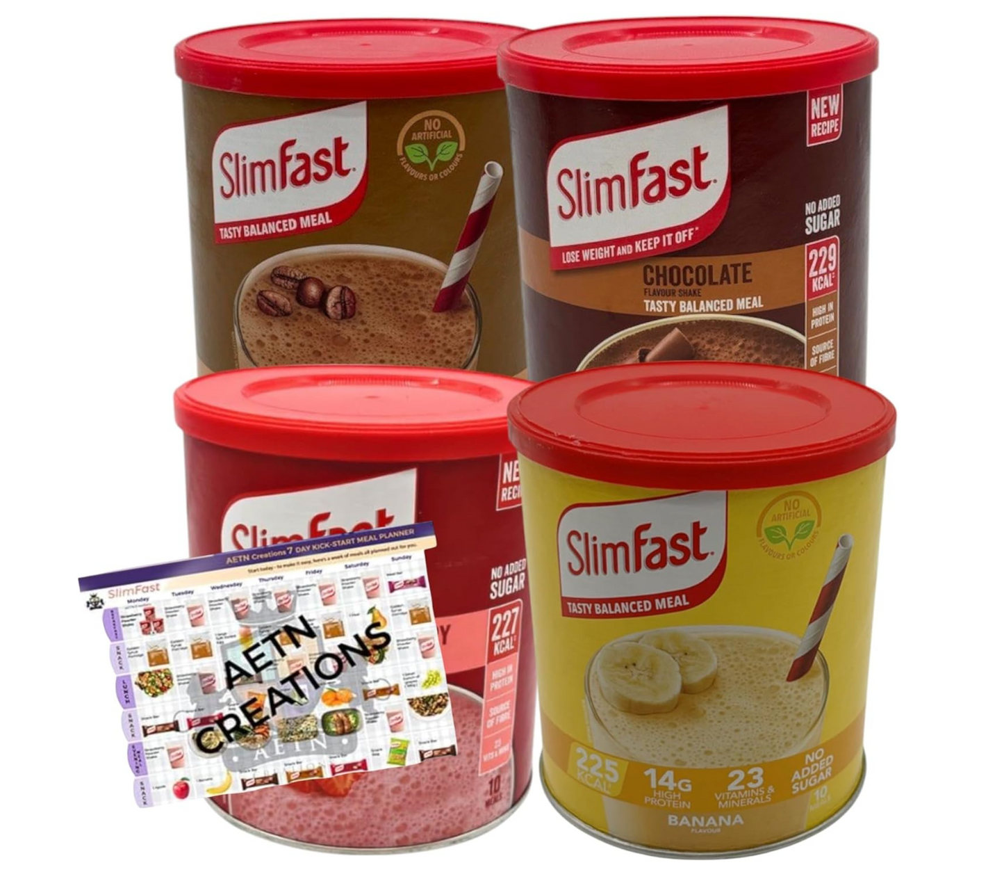 Slim Fast Best Sellers Pack of 4 Tubs Meal Replacement Shakes with Meal Planner Chocolate, Strawberry, Café Latte & Banana, High-Protein, Low-Calorie Diet Shake