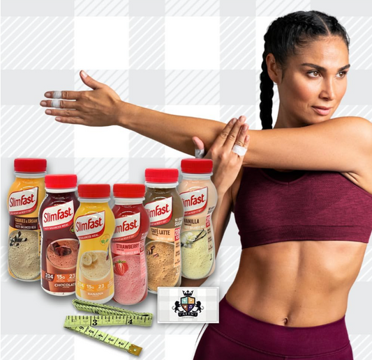6 Ready-To-Drink Slim Fast Shakes Weightloss Bundle with Tape Measure - Chocolate, Strawberry, Vanilla, Banana, Cookies & Cream, Café Latte