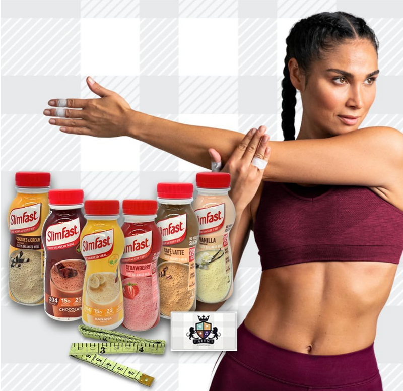 6 Ready-To-Drink Slim Fast Shakes Weightloss Bundle with Tape Measure - Chocolate, Strawberry, Vanilla, Banana, Cookies & Cream, Café Latte