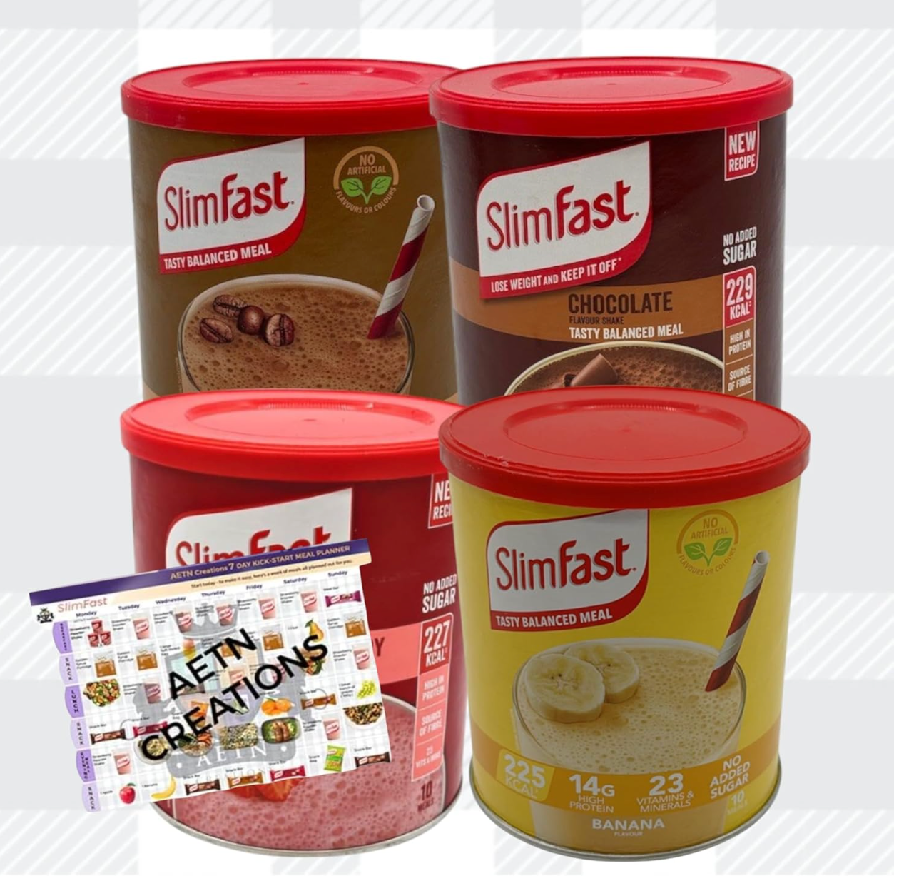 Slim Fast Best Sellers Pack of 4 Tubs Meal Replacement Shakes with Meal Planner Chocolate, Strawberry, Café Latte & Banana, High-Protein, Low-Calorie Diet Shake