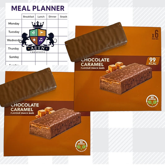 AETN Creations Chocolate Caramel Snack Bars 2x6 Pack – Low Calorie 99kcal Bars, Chocolate Coated with AETN Creations Meal Planner Guide
