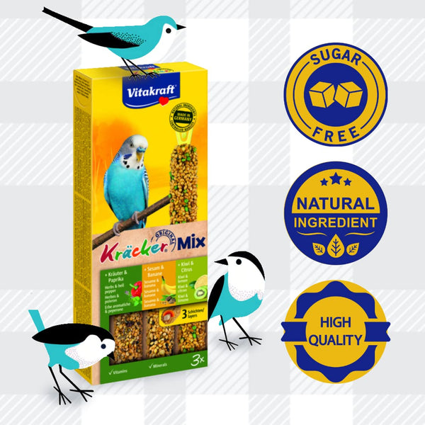 Delicious Mixed 2 Pack of Cracker Treats for Budgies from Vitakraft plus AETN Creations Fridge Magnet Kracker Bird Food Double Baked with Vitamins, Banana, Paprika and Kiwi Sticks