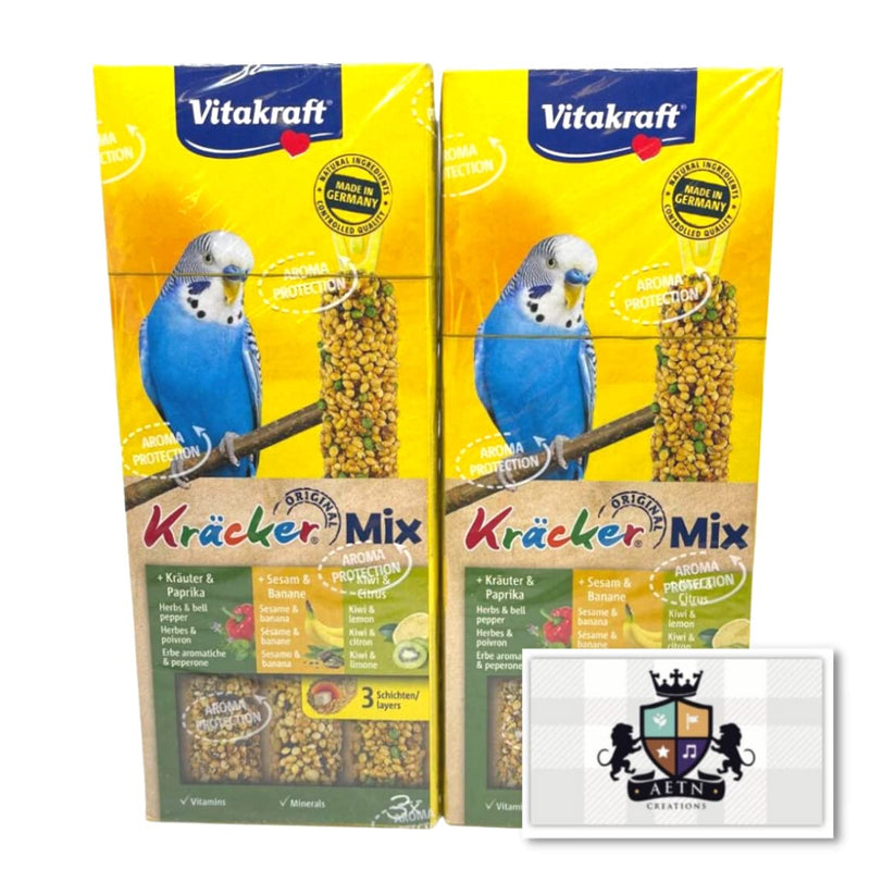 Delicious Mixed 2 Pack of Cracker Treats for Budgies from Vitakraft plus AETN Creations Fridge Magnet Kracker Bird Food Double Baked with Vitamins, Banana, Paprika and Kiwi Sticks