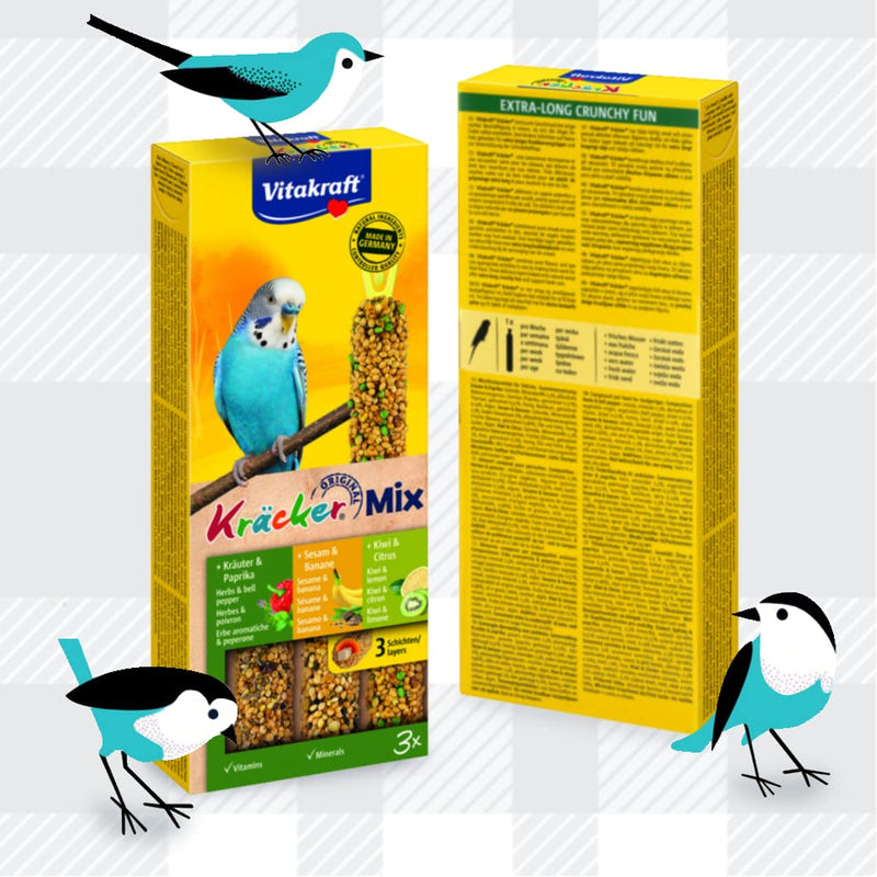 Delicious Mixed 2 Pack of Cracker Treats for Budgies from Vitakraft plus AETN Creations Fridge Magnet Kracker Bird Food Double Baked with Vitamins, Banana, Paprika and Kiwi Sticks