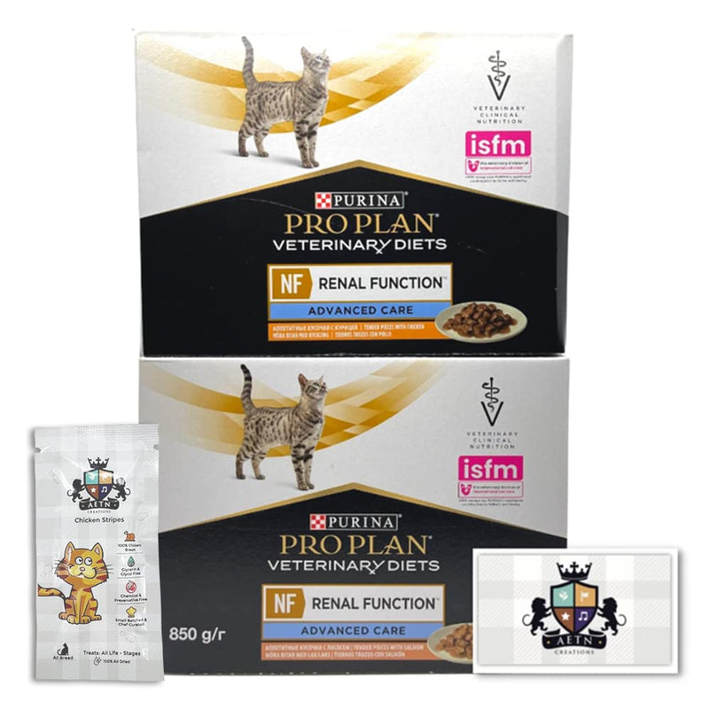 AETN Creations Pro Plan NF Renal Function Wet Mixed Cat Pouches Advance Care Chicken 10x85g and Salmon 10x85g in Gravy with AETN Treat for Adult Cats with Chronic Renal Illnesses