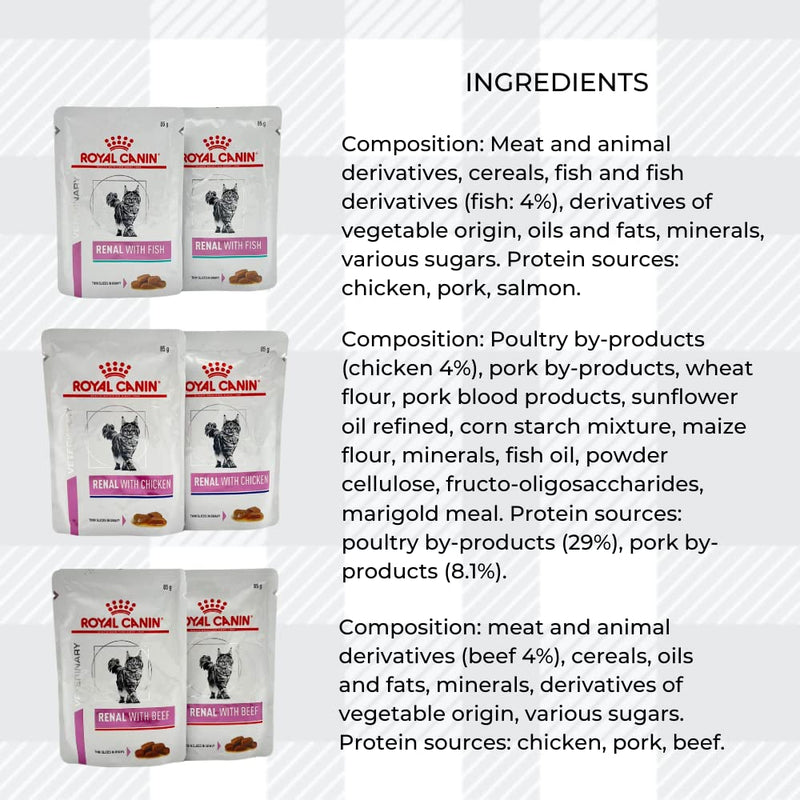 AETN Creations Royal Canin Renal Cat Food Bundle 400g + 6x85g Wet Pouches in Beef, Salmon, Chicken with AETN Cat Treat