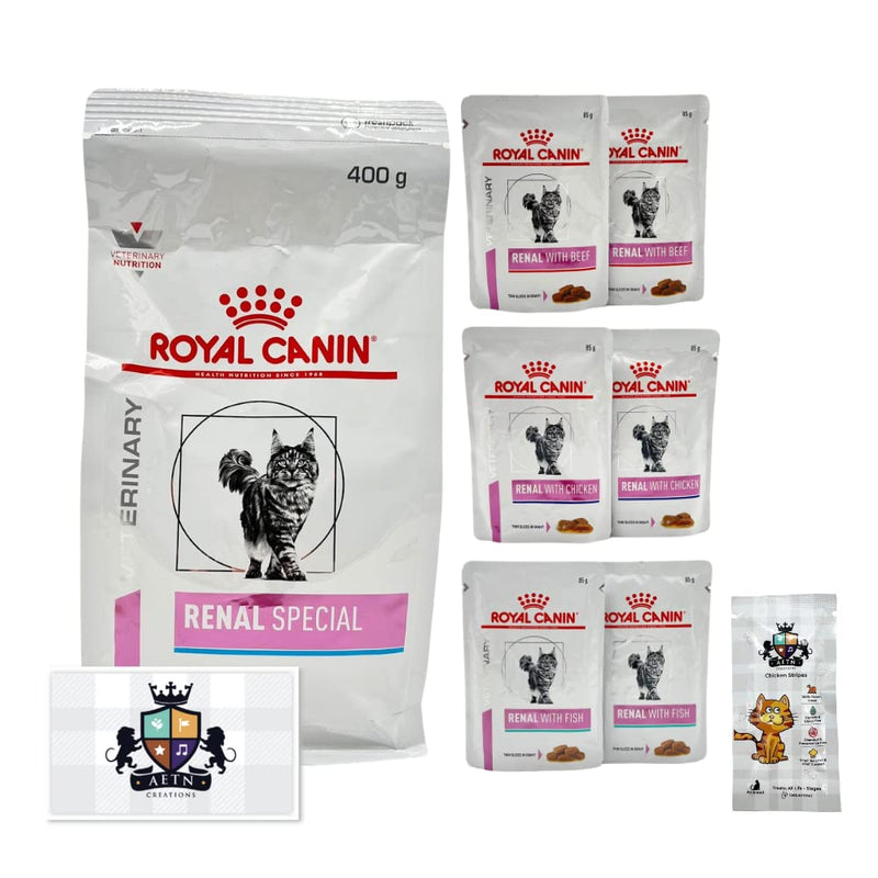 AETN Creations Royal Canin Renal Cat Food Bundle 400g + 6x85g Wet Pouches in Beef, Salmon, Chicken with AETN Cat Treat