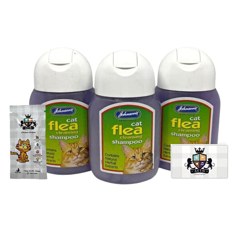 AETN Creations Cat Flea Shampoo Bundle of 3x125ml Johnson Flea Cleansing Shampoo for Cat's and AETN Creations Chicken Cat Treat