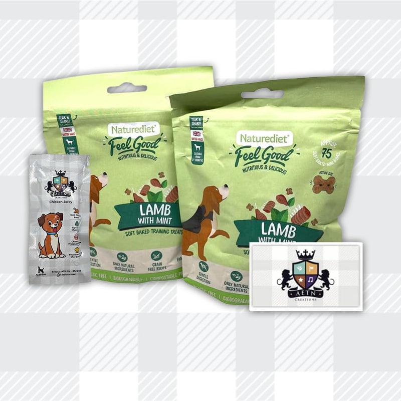 AETN Creations Naturediet Soft Baked Treat Bundle for Dogs 2x100g Feel Good Lamb and Mint plus AETN Jerky Treat, Grain-Free Snacks