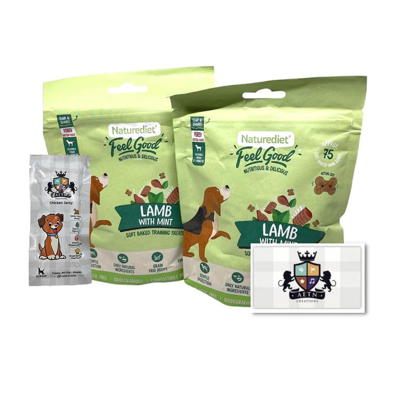 AETN Creations Naturediet Soft Baked Treat Bundle for Dogs 2x100g Feel Good Lamb and Mint plus AETN Jerky Treat, Grain-Free Snacks