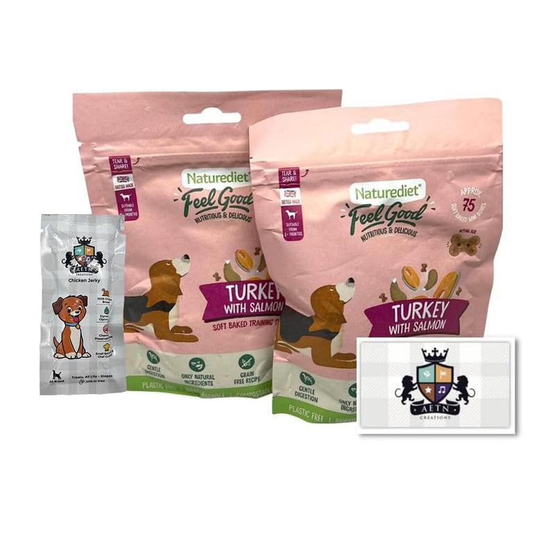 AETN Creations Naturediet Soft Baked Treat Bundle for Dogs 2x100g Feel Good Turkey with Salmon plus AETN Jerky Treat, Grain-Free Snacks