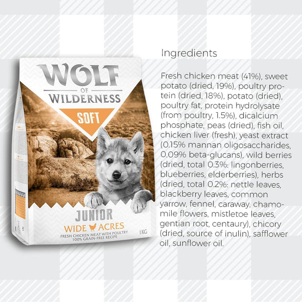 AETN Creations Wolf of Wilderness Junior Soft Wide Acres Chicken Grain-Free Premium Protein Puppy Food with AETN Jerky Dog Treat