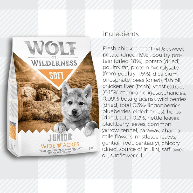 AETN Creations Wolf of Wilderness Junior Soft Wide Acres Chicken Grain-Free Premium Protein Puppy Food with AETN Jerky Dog Treat