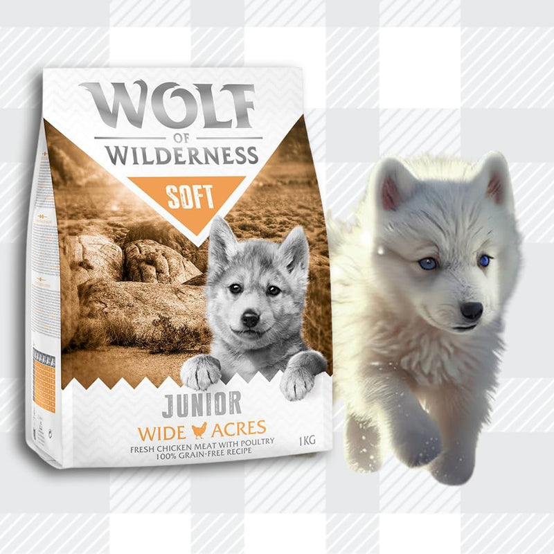 AETN Creations Wolf of Wilderness Junior Soft Wide Acres Chicken Grain-Free Premium Protein Puppy Food with AETN Jerky Dog Treat