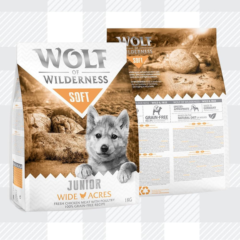 AETN Creations Wolf of Wilderness Junior Soft Wide Acres Chicken Grain-Free Premium Protein Puppy Food with AETN Jerky Dog Treat