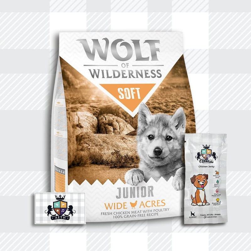 AETN Creations Wolf of Wilderness Junior Soft Wide Acres Chicken Grain-Free Premium Protein Puppy Food with AETN Jerky Dog Treat