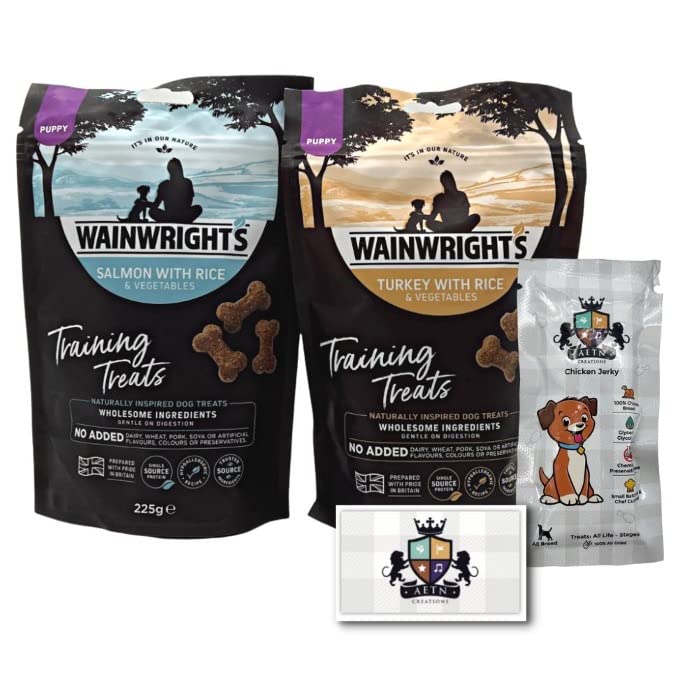 AETN Creations Puppy Training Treat 2x225g Wainright's Turkey and Salmon Hypoallergenic Snack for Puppies with Delicious AETN Jerky Treat