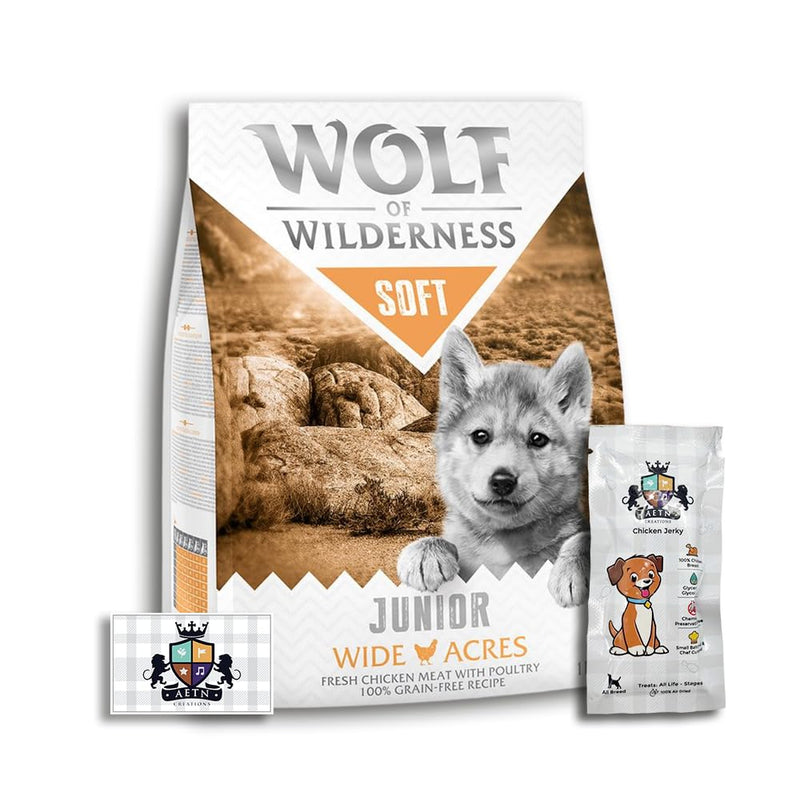 AETN Creations Wolf of Wilderness Junior Soft Wide Acres Chicken Grain-Free Premium Protein Puppy Food with AETN Jerky Dog Treat