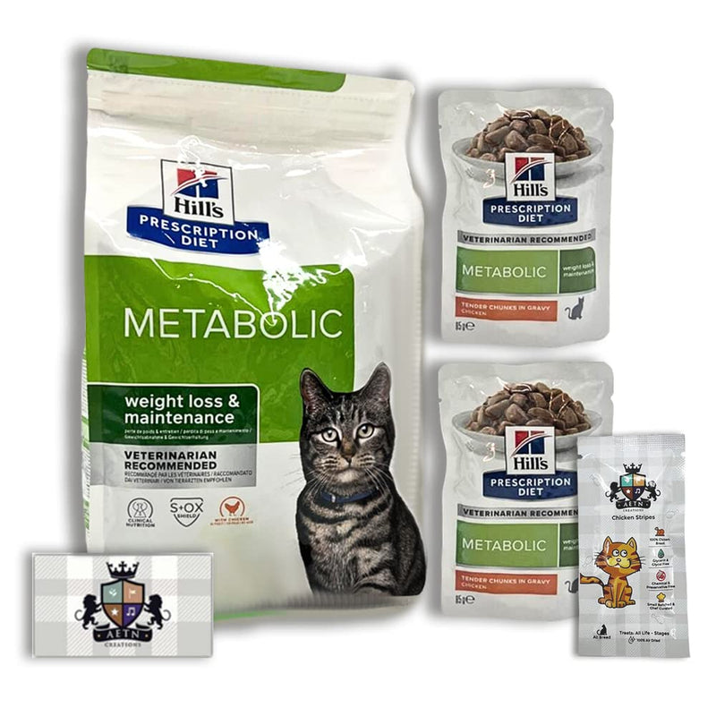 AETN Creations Metabolic Weight Management Bundle for Adults Cat 1.5kg Dry + 2x85g Hill's Wet Pouches Promotes Weight Management with AETN Cat Treat