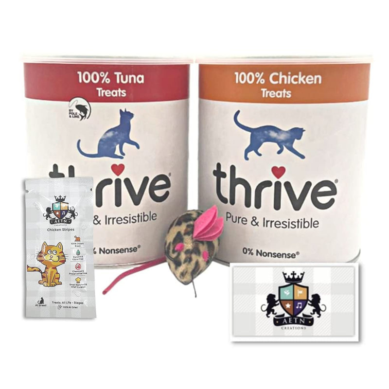 AETN Creations Thrive Maxi Cat Treats 2 Pack of Premium Natural Treats for Happy and Healthy Cats in Chicken and Tuna combined with AETN Cat Treat