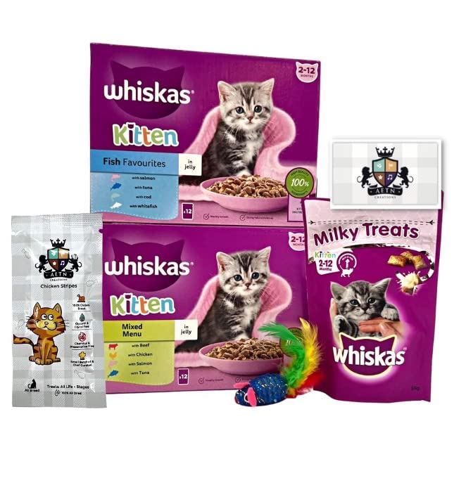 Whiskas Kitten Delightful Mixed Pack 12 Ocean Fish 12 Variety Jelly with AETN Creations Chicken Treat, Milky Bites and Toy Perfect for Growing Kittens