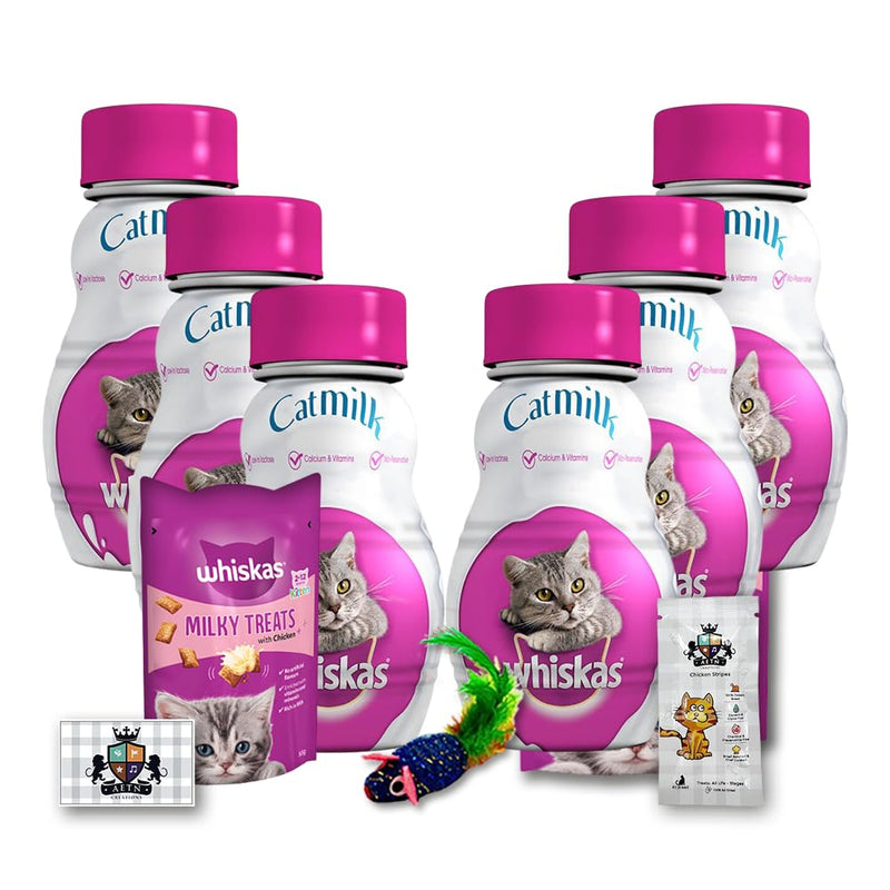 AETN Creations Whiskas Cat Milk Bundle 6x200ml Nutrient-Rich Delight for Optimal Wellbeing and Health Includes Milky Treats, Toy, and AETN Treat, Purrfection!