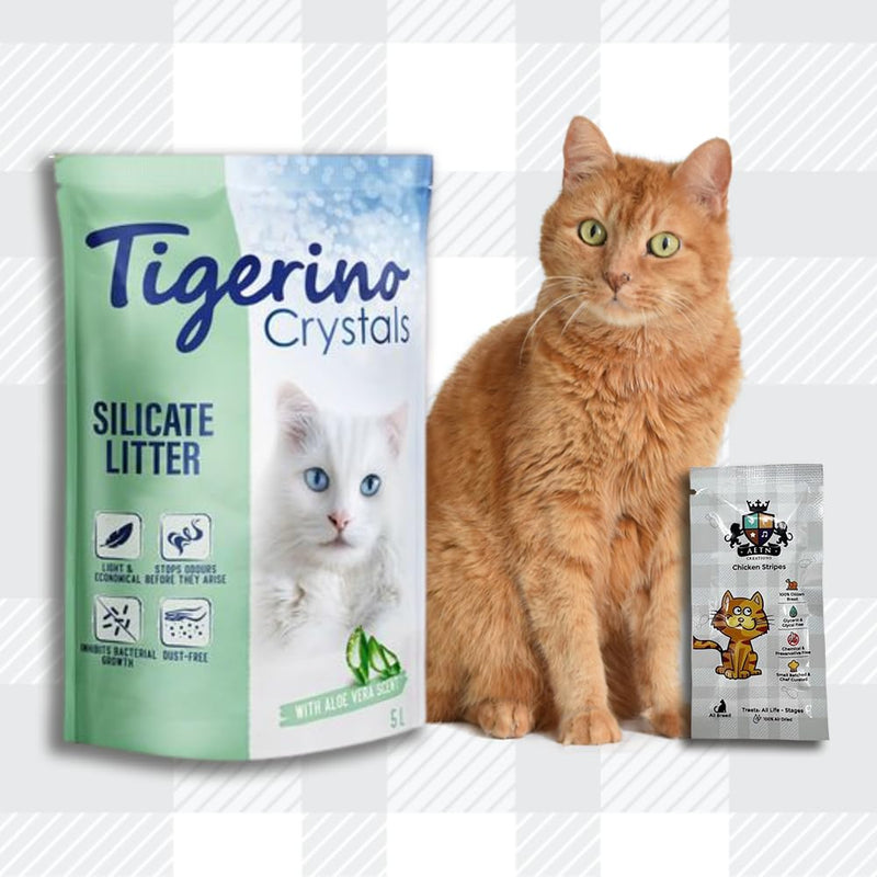 AETN Creations Superior Clumping Litter Bundle with Odour Control Tigerino Crystals in Aloe Vera 5L Dust-Free for a Clean & Fresh Home with AETN Cat Treat