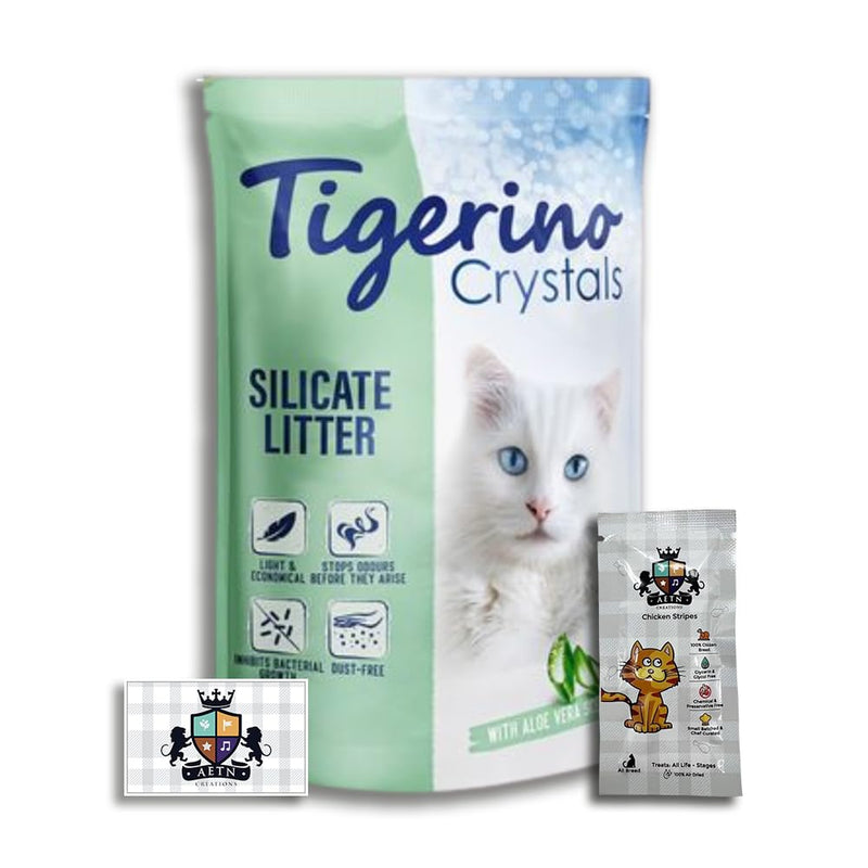 AETN Creations Superior Clumping Litter Bundle with Odour Control Tigerino Crystals in Aloe Vera 5L Dust-Free for a Clean & Fresh Home with AETN Cat Treat