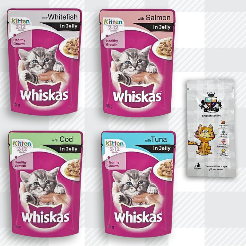 AETN Creations Bundle includes AETN Chicken Cat Treat With Two Packs Whiskas 2-12 Months Kitten Food Pouches Fish Selection in Jelly 12 x 85g