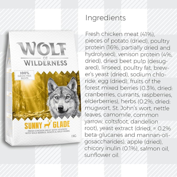 AETN Creations Wolf of Wilderness Adult Sunny Glade 1kg Bag Chicken with Venison Flavour Grain-Free, High-Protein Dry Dog Food with AETN Jerky Treat