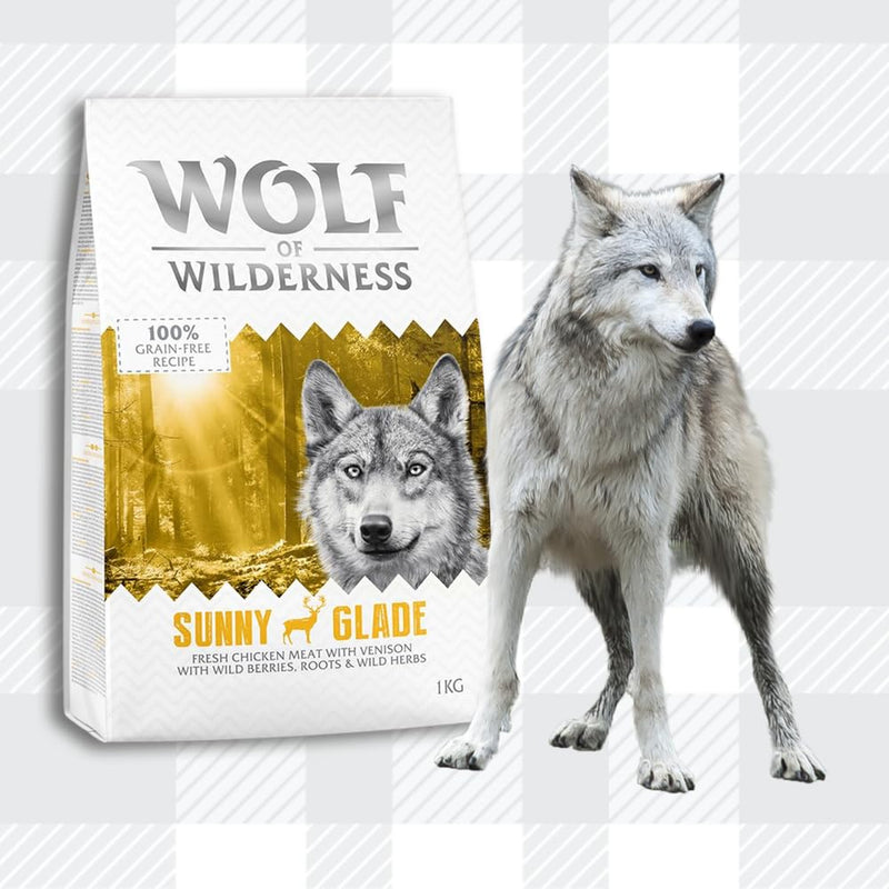 AETN Creations Wolf of Wilderness Adult Sunny Glade 1kg Bag Chicken with Venison Flavour Grain-Free, High-Protein Dry Dog Food with AETN Jerky Treat