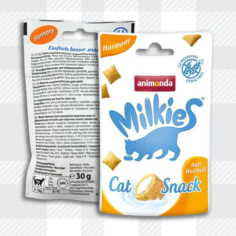 AETN Creations Cat Snack Pack Animonda Milkies Harmony Anti Hairball Crunchy Treats 2x30g Grain-free for Adult Cat plus AETN Chicken Treat