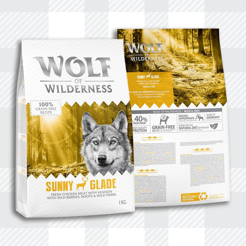 AETN Creations Wolf of Wilderness Adult Sunny Glade 1kg Bag Chicken with Venison Flavour Grain-Free, High-Protein Dry Dog Food with AETN Jerky Treat