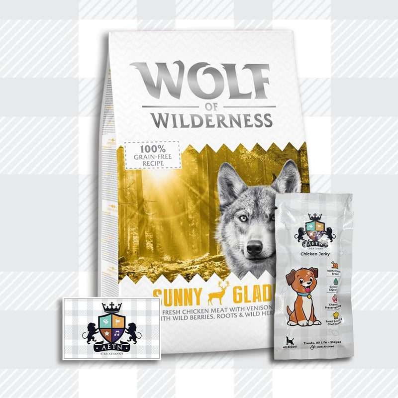 AETN Creations Wolf of Wilderness Adult Sunny Glade 1kg Bag Chicken with Venison Flavour Grain-Free, High-Protein Dry Dog Food with AETN Jerky Treat