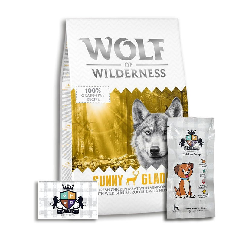 AETN Creations Wolf of Wilderness Adult Sunny Glade 1kg Bag Chicken with Venison Flavour Grain-Free, High-Protein Dry Dog Food with AETN Jerky Treat